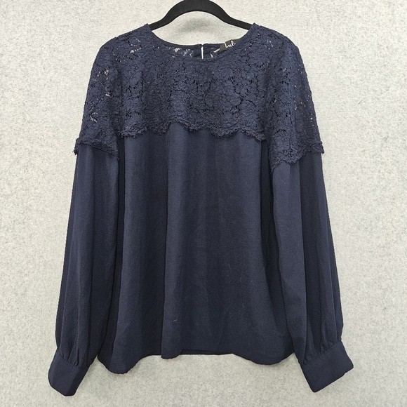 Lulu's Navy Blouse With Floral Lace Button Cuffs Women's Size Lg - Picture 1 of 7
